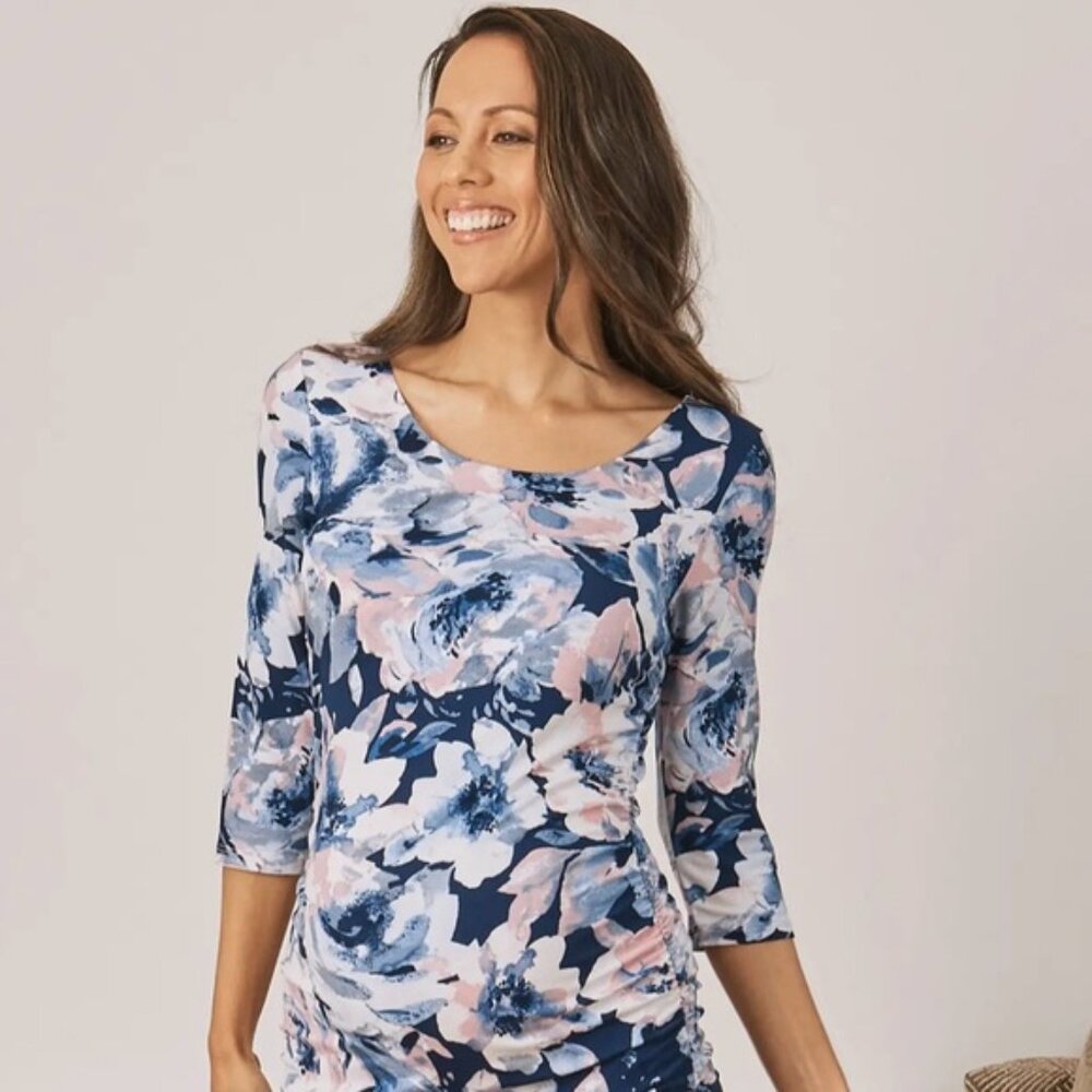 Angel Maternity Blue Pink White Floral Ruched Sides Knit Rayon Lined Dress Sz M